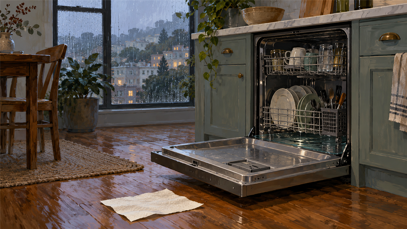 Illustration of a dishwasher holding water on a rainy San Francisco day, not a photo of a listed shop