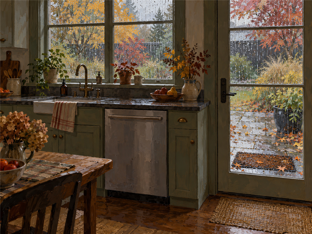 Illustration of rain at a kitchen window beside a closed dishwasher, not a photo of a listed shop